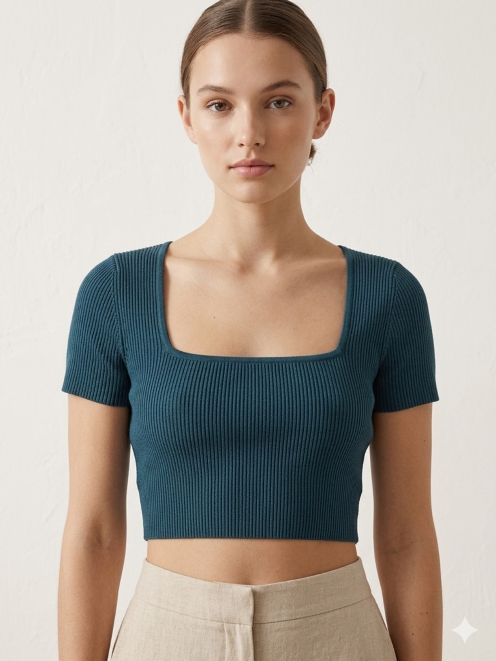 Babaton Ribbed Square-Neck Crop Top in Teal